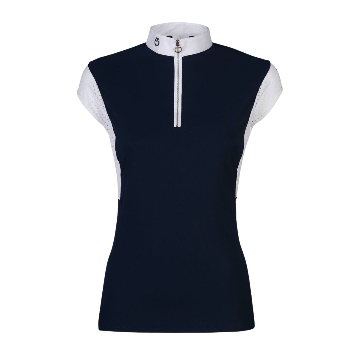 Cavalleria Toscana Women's Perforated Cap Sleeve Comp Polo W/Front Zip